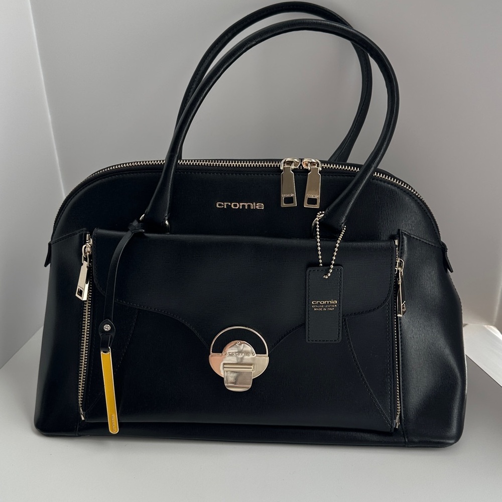 Cromia black leather satchel bag in Saffiano print calfskin